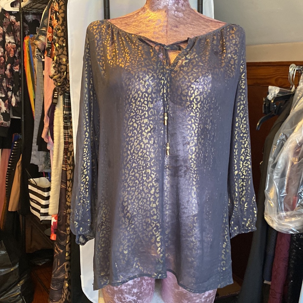 CACHE purple & gold sheer leopard top